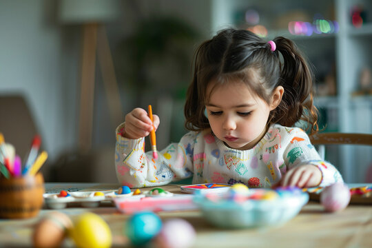 A focused young girl is painting Easter eggs at a table with various coloring supplies laid out in front of her.