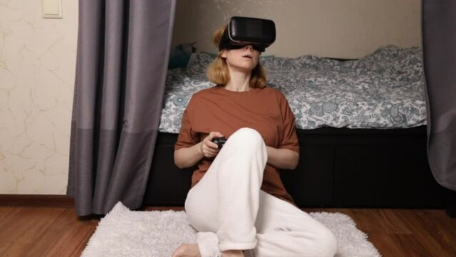VR gaming session at home, woman in headset, immersive video game, futuristic leisure