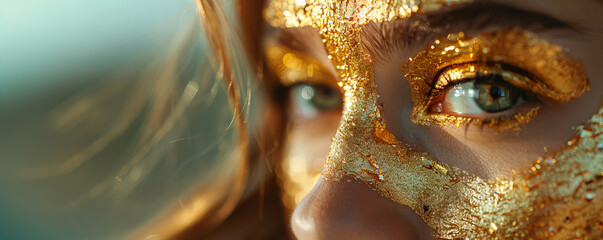 Luxurious golden makeup on the face of a beautiful woman, eye detail close up. Gold hydration mask product skincare and cosmetics concept banner with copy space.