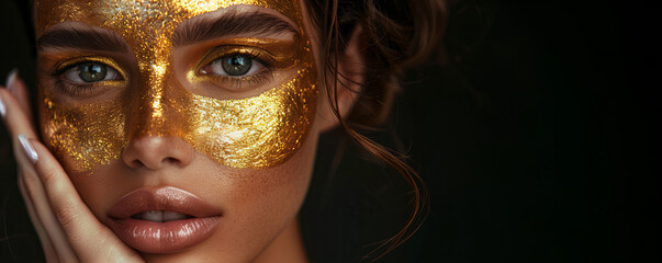 Luxurious golden makeup on the face of a beautiful woman, eye detail close up. Gold hydration mask product skincare and cosmetics concept banner with copy space.