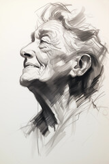 Drawing of an elderly woman who has hope and joy. Senior citizen