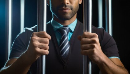 Businessman behind metal bars