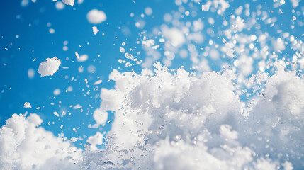 Snow splash in the air, blue sky background.