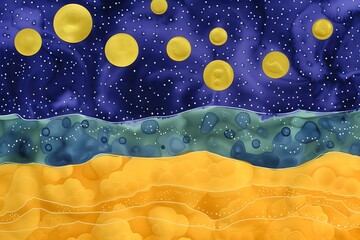 Abstract Landscape with Golden Circles and Textured Layers, Artistic Background Concept