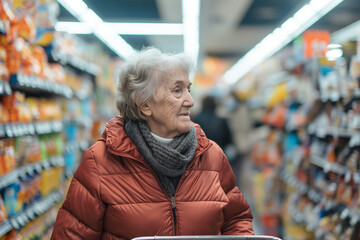 elderly lady shopping alone in the supermarket