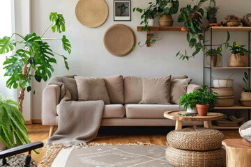 Living room with green houseplants and furniture that decor around the room, cozy home decor background, plant minimal design.