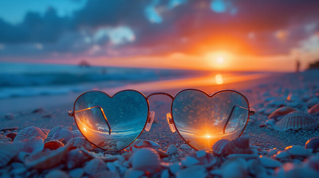 Heart-shaped sunglasses capture a stunning beach sunset, surrounded by seashells. This image is perfect for: romance, vacations, summer, beach life, sunsets.