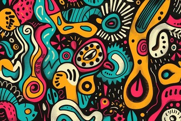 Hand drawn colorful retro style groovy psychedelic background