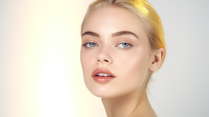 Obraz premium Gorgeous female with golden complexion cosmetic touch-up face isolated on a white background