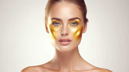 Gorgeous female with golden complexion cosmetic touch-up face isolated on a white background - obrazy, fototapety, plakaty