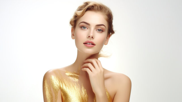 Gorgeous female with golden complexion cosmetic touch-up face isolated on a white background