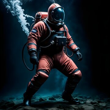 Beefy man with no face wearing atmospheric diving suit, standard diving dress wrestling a giant squid, dark background