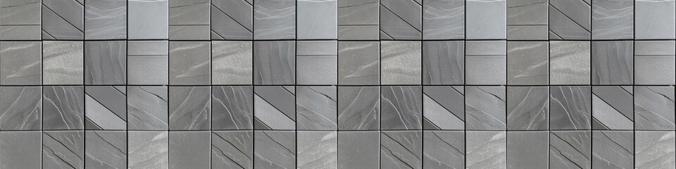 Gray grey stone concrete cement tile texture with square cubes mosaic tiles background panorama banner long, seamless pattern.