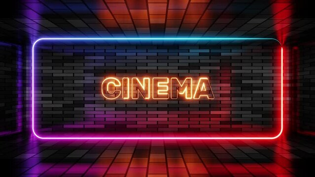 Neon sign cinema in speech bubble frame on brick wall background 3d render. Light banner on the wall background. Cinema loop for film or movie, design template, night neon signboard