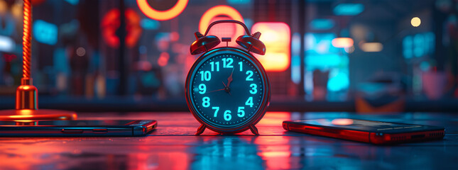 Time and Technology: Classic Alarm Clock and Modern Smartphone Illuminated by Ambient Neon Lighting