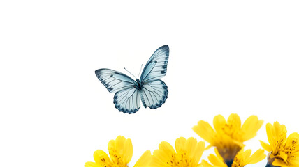 Butterfly perched atop flower, isolated against a stark white background