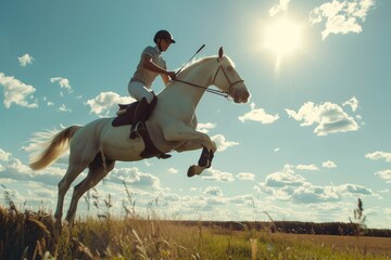 A horseman on a horse during the high jump