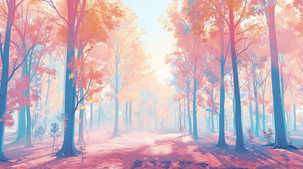 Soft color panorama autumn forest landscape.