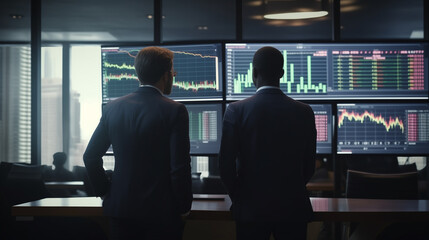 businessmen looking at stock analysis graph, business people viewing the stock market analytics, business activity at stock market