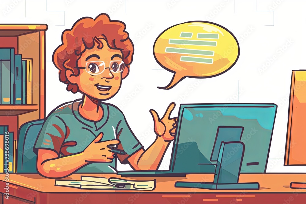Poster a person is seated at a desk, concentrating on the computer screen in front of them. they appear to 