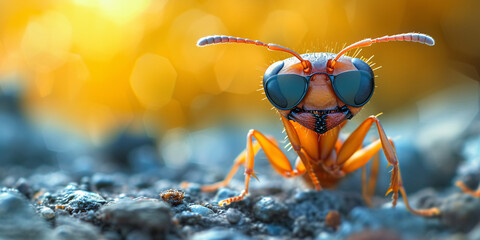 Enchanting Ant Portrait: Close-Up of an Ant with Sunglasses Illuminated by Golden Light