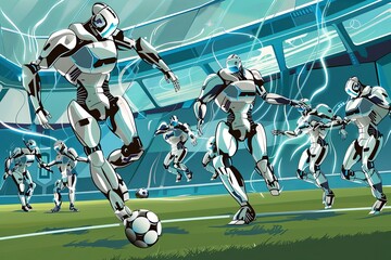 A group of robots engaged in a soccer match inside a stadium, showcasing advanced technology in...