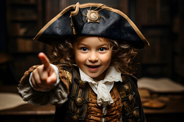 Kid in Pirate Costume Pointing to Promotional Space.