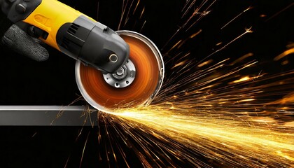Fototapeta premium Metal angle grinder power tool working on cutting metal surface and hot sparks flying everywhere on dark background