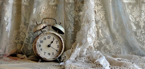 An antique alarm clock, its hands frozen in time, surrounded by delicate lace curtains.