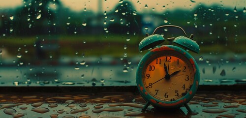 Raindrops patter gently on the glass, framing a vintage alarm clock by a rainy window.