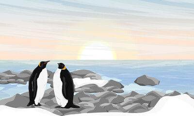 A pair of emperor penguins stands on rocks on shore of ocean. Birds of the South Pole. Realistic animals