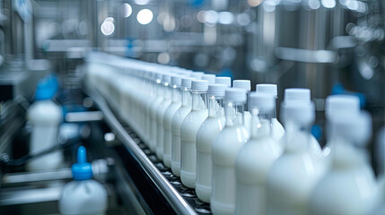 Production milk in bottles in a factory, food industry concept