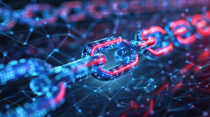 Blockchain technology is vividly portrayed with glowing nodes interconnected by chains in a digital space, symbolizing security, connectivity, and cryptography.
