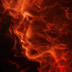 Fototapeta premium A woman's face in the form of red-orange smoke. AI generative.