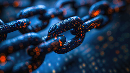 In a visually captivating representation of blockchain technology, interconnected chains with glowing nodes in a digital realm illustrate the essence of security, connectivity, and cryptography.