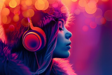 Beautiful woman in purple and pink with headphones or Ear muffs on, abstract background for Ear Muff Day  - obrazy, fototapety, plakaty