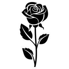 rose with leaves, Vector black silhouette of a rose flower	