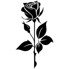 rose with leaves, Vector black silhouette of a rose flower	