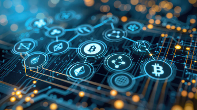 Digital illustration of a cryptocurrency network with interconnected icons for Bitcoin, Ethereum, and other cryptocurrencies on a glowing circuit board.