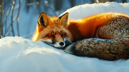 Fototapeta premium fox curled up in a snowbank on a snowy day