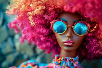 black fashion doll with colorful afro hair, sun glasses, pink clothes