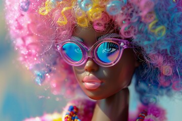black fashion doll with colorful afro hair, sun glasses, pink clothes