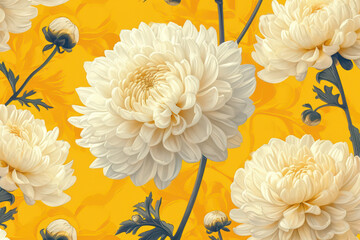 Seamless Floral Pattern with Vintage Blooming Chrysanthemums: A Classic Japanese Garden of Nature's Art