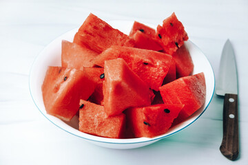 Sliced watermelon in a bowl. Fruit before eating.