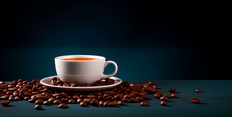 Coffee cup on dark blue background with copy space