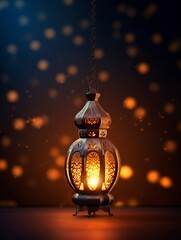 Ornamental Arabic lantern with burning candle, copy space - generative ai