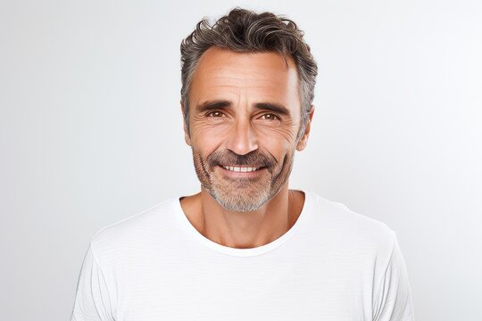 Portrait of handsome mature man in white t-shirt looking at camera and smiling while standing against grey background
