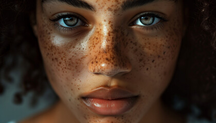 A close-up of a beautiful black woman with freckles on her face