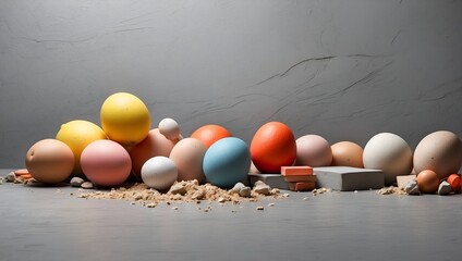 a row of colorful easter eggs on a gray background . High quality