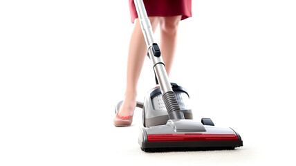 Close-up of a woman cleaning her legs with a vacuum cleaner, isolated on a blank white background